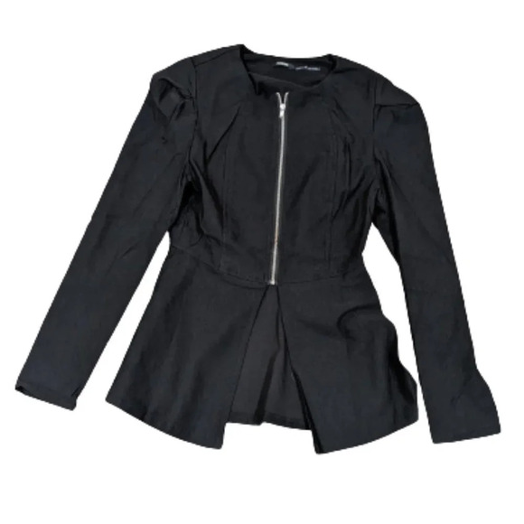 Poetry Black Peplum Blazer With Puff Shoulder Zipper front size S - Picture 1 of 9